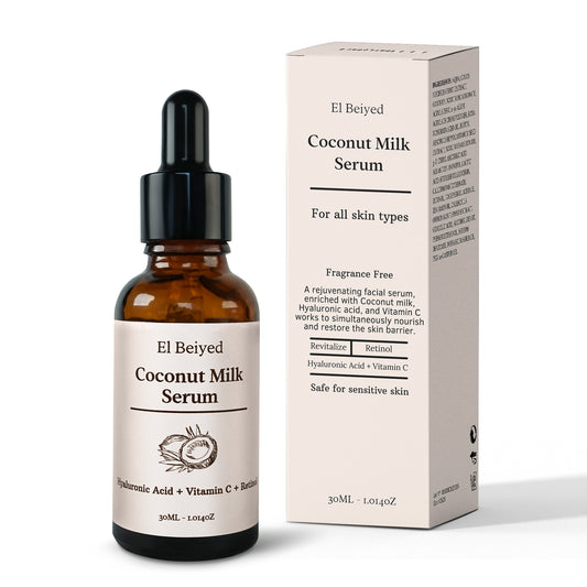 El Beiyed Coconut Milk Serum – Hydrating face serum with coconut extract, hyaluronic acid, vegan, cruelty-free, sulfate-free, fragrance-free, and safe for sensitive skin.