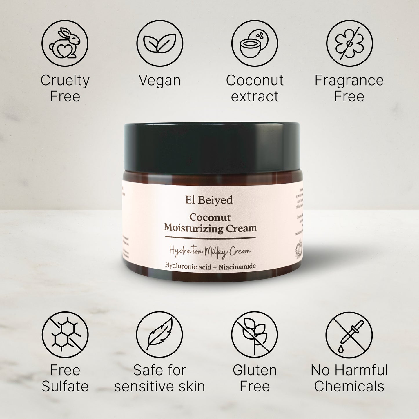 El Beiyed Coconut Moisturizing Cream – Vegan and cruelty-free, enriched with coconut extract for deep hydration, fragrance-free, sulfate-free, and safe for sensitive skin. Gluten-free and formulated without harmful chemicals for a gentle, nourishing experience.