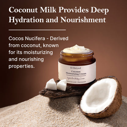 El Beiyed Coconut Moisturizing Cream – Infused with coconut milk for deep hydration and nourishment, leaving skin soft, smooth, and replenished. Ideal for dry and sensitive skin, vegan, cruelty-free, and free from sulfates, fragrance, and harmful chemicals.